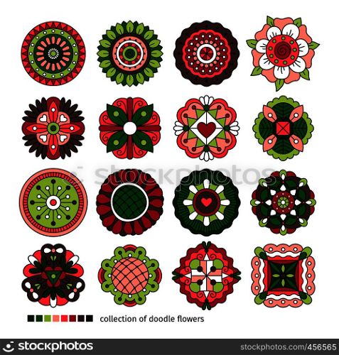 Doodle collection of ethnic flowers. Vector colored hand drawn flowers. Doodle ethnic flowers collection