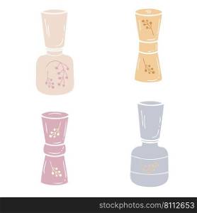 Doodle collection of self care cosmetic bottles and vials of lipstick decorated with branches of berries. Hand drawn vector illustration for decor and design.