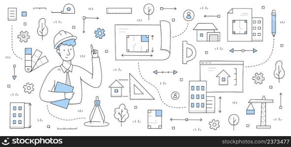 Doodle concept with architect worker holding blueprint. Engineering and architecture job background. Professional engineer in helmet with work tools compass, pencil, crane Line art vector illustration. Doodle concept, architect worker with blueprint