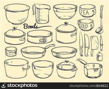 Doodle cooking equipment and kitchen utensils. Hand drawn vector kitchenware isolated. Bowl and pot, glass for cooking illustration. Doodle cooking equipment and kitchen utensils. Hand drawn vector kitchenware isolated