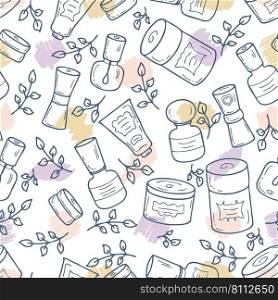 Doodle cosmetic jars with labels and leaves seamless pattern. Perfect for scrapbooking, poster, textile and prints. Hand drawn vector illustration for decor and design.