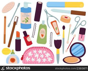 Doodle cosmetics. Salon cosmetic, facial brushes and manicure equipment. Various skin care products, lipstick and lotion, decent vector set. Illustration of beauty makeup, brush for facial. Doodle cosmetics. Salon cosmetic, facial brushes and manicure equipment. Various skin care products, lipstick and lotion, decent vector set