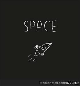Doodle cosmos illustration in childish style. Hand drawn space card with lettering, rocket. Black and white. Vector line print, design, banner, poster.