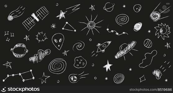 Doodle cosmos illustration set in childish style, design clipart. Hand drawn abstract space elements. Black and white. Vector line print, banner, poster.