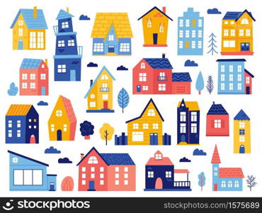 Doodle cottages. Cute tiny town houses, minimal suburban houses, residential town buildings vector icons. Exterior tiny village building, illustration of home cartoon architecture, urban residential. Doodle cottages. Cute tiny town houses, minimal suburban houses, residential town buildings isolated vector illustration icons set