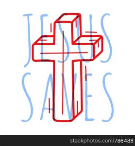 Doodle cross. Religion Christian poster hand drawn icon with text Jesus saves on white background.