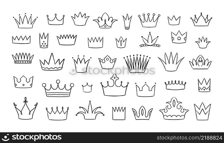 Doodle crown. Hand drawn king and queen line logo sketch. Street art graffiti. Prince headwear. Imperial heraldry signs. Royal coronation diadems. Monarch jewelry. Vector princess symbols isolated set. Doodle crown. Hand drawn king and queen logo sketch. Street art graffiti. Prince headwear. Imperial heraldry signs. Royal coronation diadems. Monarch jewelry. Vector princess symbols set