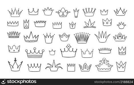 Doodle crown. Hand drawn king and queen line logo sketch. Street art graffiti. Prince headwear. Imperial heraldry signs. Royal coronation diadems. Monarch jewelry. Vector princess symbols isolated set. Doodle crown. Hand drawn king and queen logo sketch. Street art graffiti. Prince headwear. Imperial heraldry signs. Royal coronation diadems. Monarch jewelry. Vector princess symbols set