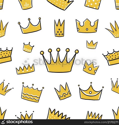 Doodle crown pattern. Seamless print of king and queen royal line symbol. Yellow prince and princess headwear. Emperor coronation jewelry headdress. Golden tiara. Vector street art graffiti texture. Doodle crown pattern. Seamless print of king and queen royal line symbol. Prince and princess headwear. Emperor coronation headdress. Golden tiara. Vector street art graffiti texture