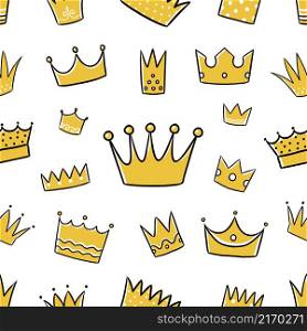 Doodle crown pattern. Seamless print of king and queen royal line symbol. Yellow prince and princess headwear. Emperor coronation jewelry headdress. Golden tiara. Vector street art graffiti texture. Doodle crown pattern. Seamless print of king and queen royal line symbol. Prince and princess headwear. Emperor coronation headdress. Golden tiara. Vector street art graffiti texture