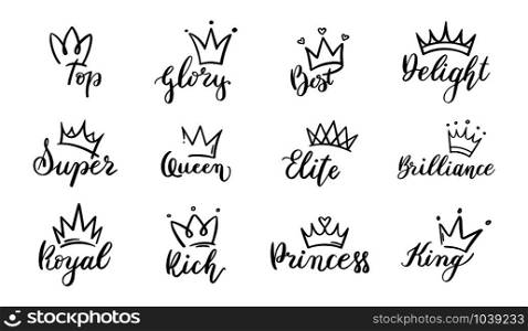 Doodle crowns lettering. Crown with text elements, sketch, majestic tiara logo vector set. symbol of royal power with beautiful calligraphy pack with. Hand drawn line art diadem illustrations collection. Doodle crowns lettering. Crown with text elements, sketch, majestic tiara logo vector set. Calligraphy pack with symbol of royal power. Hand drawn luxurious diadem illustrations collection