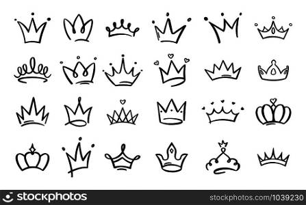Doodle crowns. Line art king or queen crown sketch, fellow crowned heads tiara, beautiful diadem and luxurious decals vector illustration set. Royal head accessories linear collection. Doodle crowns. Line art king or queen crown sketch, fellow crowned heads tiara, beautiful diadem and luxurious decals vector illustration set. Hand drawn royal head accessories pack