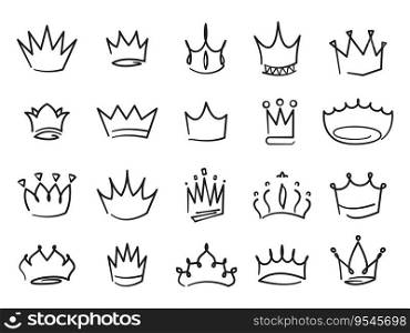 Doodle crowns. Medieval royal crowns with inscriptions and calligraphy, hand drawn luxury jewel monarch icons for logo design. Vector set of medieval queen royal illustration. Doodle crowns. Medieval royal crowns with inscriptions and calligraphy, hand drawn luxury jewel monarch icons for logo design. Vector set