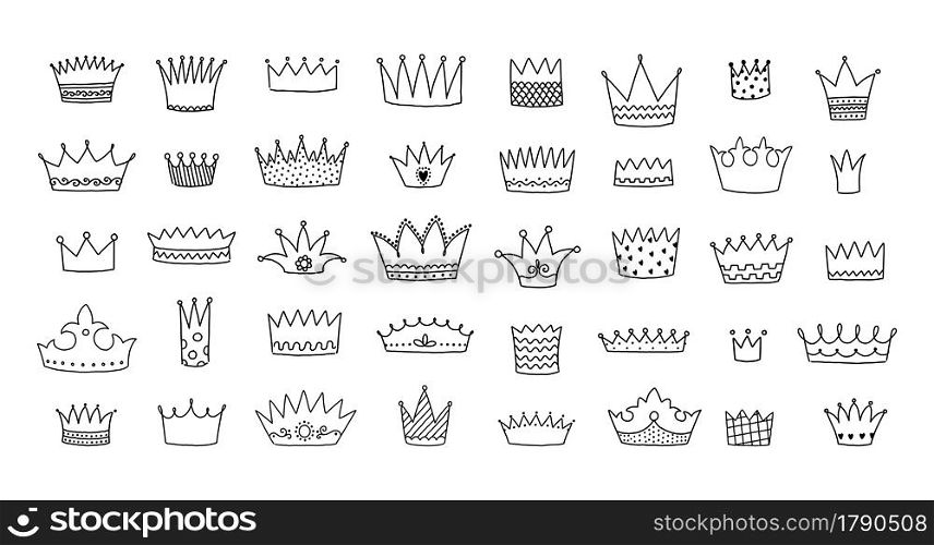 Doodle crowns. Royal king and queen decorative hand drawn symbols. Line art urban graffiti elements set. Prince or princess headwear. Isolated cute logo sketches. Vector medieval kingdom diadem icons. Doodle crowns. Royal king and queen decorative hand drawn symbols. Line art graffiti elements set. Prince or princess headwear. Isolated logo sketches. Vector medieval kingdom diadem icons