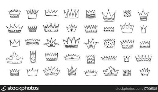 Doodle crowns. Royal king and queen decorative hand drawn symbols. Line art urban graffiti elements set. Prince or princess headwear. Isolated cute logo sketches. Vector medieval kingdom diadem icons. Doodle crowns. Royal king and queen decorative hand drawn symbols. Line art graffiti elements set. Prince or princess headwear. Isolated logo sketches. Vector medieval kingdom diadem icons