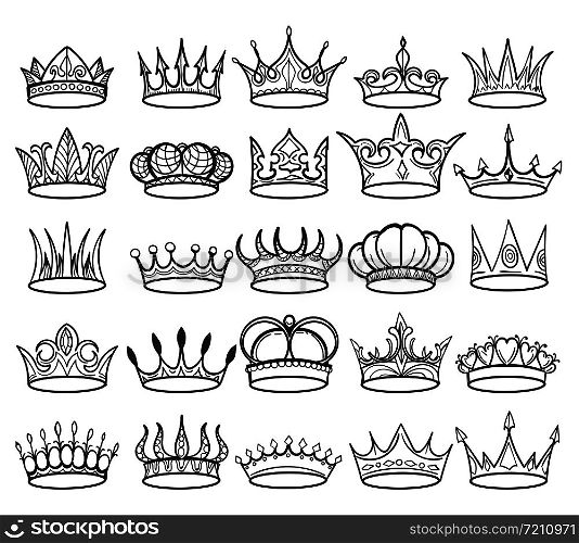 Doodle crowns. Sketch crown of queen or king icons set. Vector illustration.