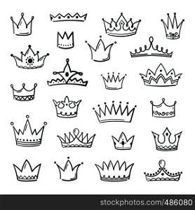 Doodle crowns. Sketch crown queen king coronet urban grunge ink art crowning vintage coronal icons majestic tiara isolated vector image set. Doodle crowns. Sketch crown queen king coronet urban grunge ink art crowning vintage coronal icons majestic tiara isolated vector set