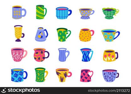 Doodle cup. Ceramic colorful mug with tea, coffee beverage, cups with cute minimalistic botanical patterns and ornaments. Vector set illustrations modern colorful design various kitchen cup. Doodle cup. Ceramic colorful mug with tea, coffee beverage, cups with cute minimalistic botanical patterns and ornaments. Vector set