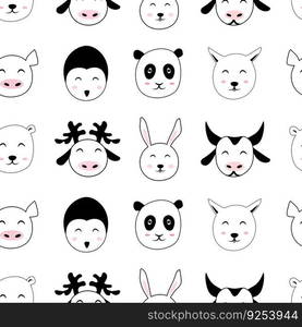 Doodle cute animal face seamless pattern template. Cheerful outline sketch drawing isolated on white background. Simple nursery wallpaper, fabric print.