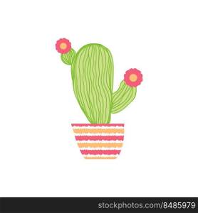 Doodle cute blooming cactus in a striped pot. Perfect print for T-shirt, stickers, poster. Hand drawn isolated vector illustration for decor and design.