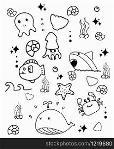 Doodle Cute marine life,doodle drawing style. Hand drawn Vector illustration.