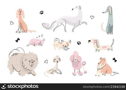 Doodle cute puppy. Active dog painting, dogs different poses. Hand drawn animals, flat design baby pets. Funny puppies play, nowaday vector characters. Illustration of puppy and dog animal. Doodle cute puppy. Active dog painting, dogs different poses. Hand drawn animals, flat design baby pets. Funny puppies play, nowaday vector characters