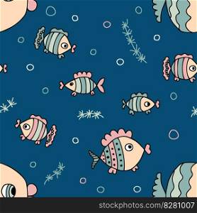 Doodle cute sea fishes seamless pattern. Perfect print for tee, textile, paper and fabric. Hand drawn vector illustration for decor and design.