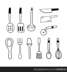 Doodle cutlery set. Items for the kitchen and cooking. Spoon, fork, spatula, whisk and more. Hand vector illustration.