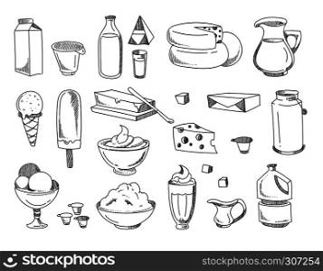 Doodle dairy and milk products. Vector hand drawn icons. Set of dairy product for breakfast, illustration of dairy food fresh. Doodle dairy and milk products. Vector hand drawn icons