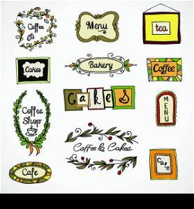 Doodle decorative vintage swirl floral wreath coffee menu tea frames set vector illustration
