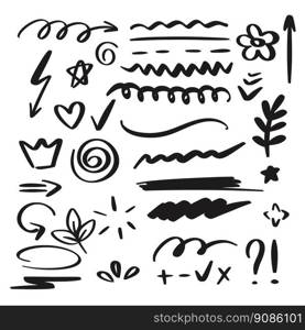 Doodle design elements vector collection. Hand drawn symbols for diary, notes and work. Doodle design elements vector collection