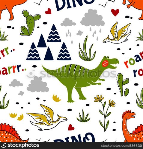 Doodle dinosaur pattern. Seamless fabric print, trendy hand drawn textile design, cute childish dragons. Vector childish decorative background. Doodle dinosaur pattern. Seamless fabric print, trendy hand drawn textile design, cute childish dragons. Vector decorative background