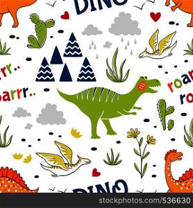 Doodle dinosaur pattern. Seamless fabric print, trendy hand drawn textile design, cute childish dragons. Vector childish decorative background. Doodle dinosaur pattern. Seamless fabric print, trendy hand drawn textile design, cute childish dragons. Vector decorative background