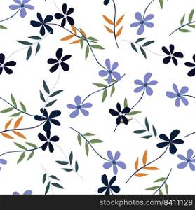 Doodle ditsy flowers seamless pattern. Cute chamomile print. Floral ornament. Pretty botanical backdrop. Design for fabric, textile print, surface, wrapping, cover. Vector illustration. Doodle ditsy flowers seamless pattern. Cute chamomile print. Floral ornament. Pretty botanical backdrop