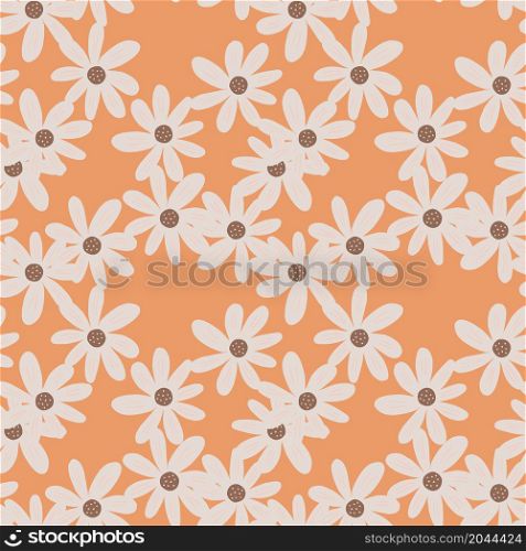 Doodle ditsy flowers seamless pattern on orange background. Retro chamomile print. Floral ornament. Pretty botanical backdrop. Design for fabric , textile print, surface, wrapping, cover.. Doodle ditsy flowers seamless pattern on orange background. Retro chamomile print. Floral ornament.