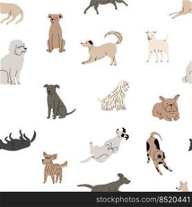 Doodle dog pattern. Seamless print of funny childish puppies for cut dogs brochure, cartoon hand drawn Scandinavian graphic with animal pets. Vector texture of animal pattern illustration. Doodle dog pattern. Seamless print of funny childish puppies for cut dogs brochure, cartoon hand drawn Scandinavian graphic with animal pets. Vector texture
