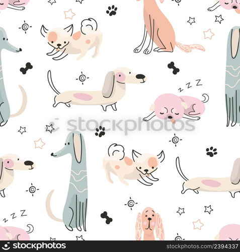 Doodle dog print. Funny dogs seamless pattern, childish scandinavian drawing puppy. Fabric design with pets, nowaday line animals vector background. Illustration of animal pattern seamless background. Doodle dog print. Funny dogs seamless pattern, childish scandinavian drawing puppy. Fabric design with cartoon pets, nowaday line animals vector background