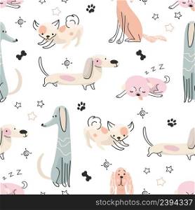 Doodle dog print. Funny dogs seamless pattern, childish scandinavian drawing puppy. Fabric design with pets, nowaday line animals vector background. Illustration of animal pattern seamless background. Doodle dog print. Funny dogs seamless pattern, childish scandinavian drawing puppy. Fabric design with cartoon pets, nowaday line animals vector background