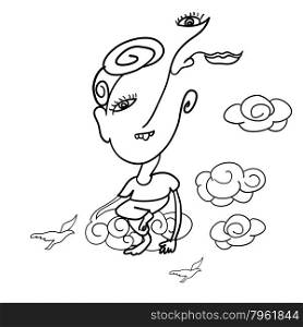 Doodle drawing of surreal man sitting on cloud with bird flying