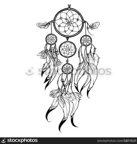 Doodle dreamcatcher with feather decoration isolated on white background vector illustration. Doodle Dreamcatcher Illustration