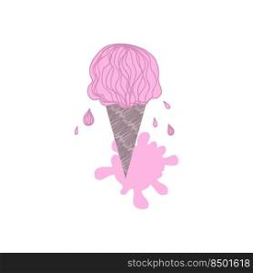 Doodle dripping ice cream strawberry cone with drops and puddle. Perfect print for T-shirt, stickers, poster. Hand drawn isolated vector illustration for decor and design.