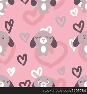Doodle Easter seamless pattern with bunnies and hearts. Perfect for T-shirt, textile and print. Hand drawn vector illustration for decor and design.