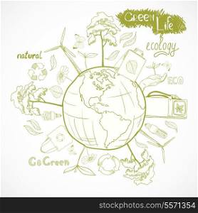 Doodle ecology and energy concept with tree leaf flower around the globe decorative elements vector illustration