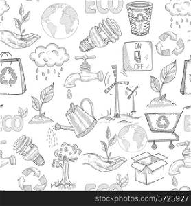 Doodle ecology seamless pattern with plants nature conservation symbols vector illustration