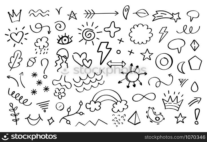 Doodle elements. Arrows flowers leaves and stars decorative elements for invitation and greeting cards. Vector illustration abstract sketch decoration set. Graphic outline printing sign. Doodle elements. Arrows flowers leaves and stars decorative elements for invitation and greeting cards. Vector sketch set