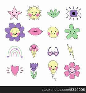 Doodle elements in retro style. Set of vaporwave flower stickers. 2000s aesthetic.