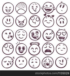 Doodle emoticons. Emoji with different expression of angry, happy and sad. Funny sketch faces for messages with smiling and crying vector outline emotion set. Doodle emoticons. Emoji with different expression of angry, happy and sad. Funny sketch faces for messages with smiling and crying vector set