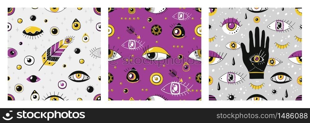 Doodle eyes pattern. Greek contemporary hand drawn elements, trendy seamless ethnic texture with evil eyes symbols. Vector illustration vintage mystical pattern. Doodle eyes pattern. Greek contemporary hand drawn elements, trendy seamless ethnic texture with evil eyes symbols. Vector vintage pattern