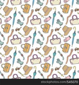Doodle fashion pattern with accessories and handbags. Vector hand drawn seamless pattern. Woman shopping background.. Doodle fashion pattern with accessories and handbags. Vector hand drawn seamless pattern. Woman shopping background
