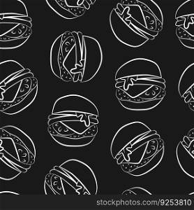 Doodle fast food burger linear seamless pattern. Chalkboard hand drawn restaurant or cafe background. Cute fabric print template.